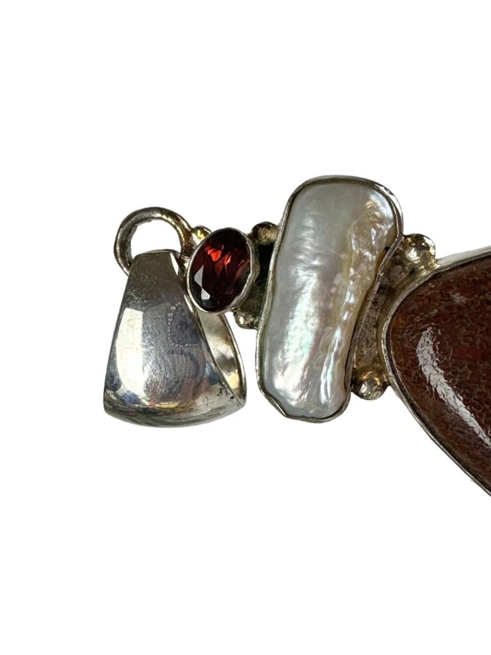 Sterling Silver Dark Red Stone Pendant with Garnet & Pearl - Picture 6 of 6